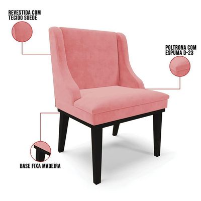 Kit 6 Cadeiras Estofadas Para Sala De Jantar Base Fixa De Madeira Preto Lia Suede Rosê - Ibiza
