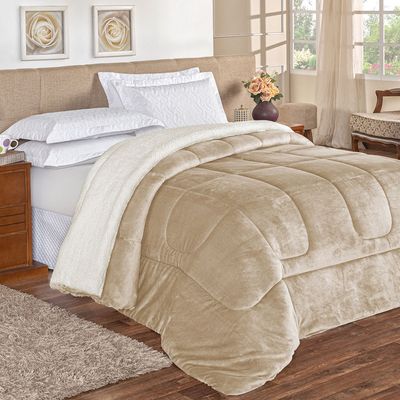 Coberdrom Apollo Queen Sherpa Pele de Carneiro + Manta Flannel 1 Peça - Cáqui