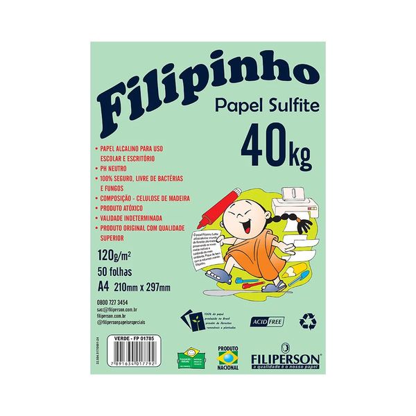 Papel Sulfite Filipinho A4 Verde 120g com 50 Folhas