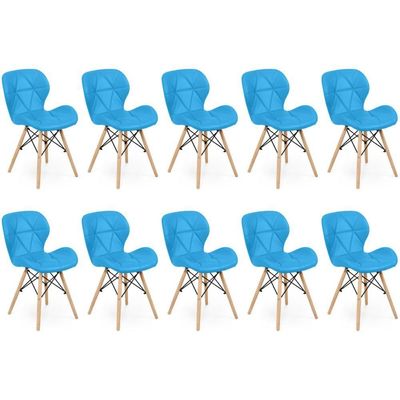 Kit 10 Cadeiras De Jantar Charles Eames Slim Wood Estofada - Azul