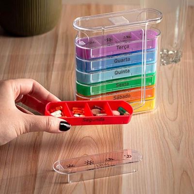 Kit 7 Porta Remédios Semanal Organizadores Comprimidos Plástico 13x11,5x4,5cm Colorido