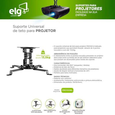 Suporte Para Projetor De Teto Modelo Pro100 Elg Preto