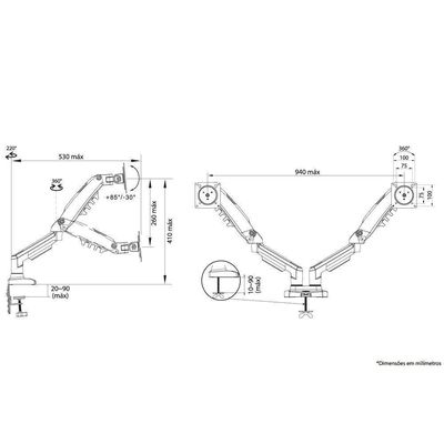 Suporte 2 Monitores 17 A 34 Articulado Pistão A Gás F160 Nb