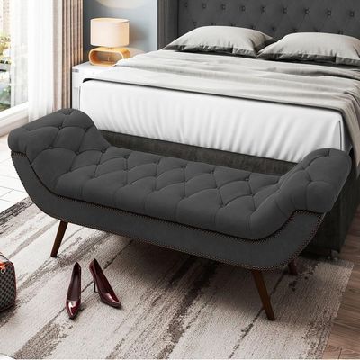 Puff Recamier Calçadeira 195cm Pés Palito Madeira Vêneto P02 Veludo Chumbo - Mpozenato