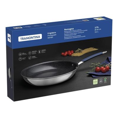 Frigideira Tramontina Romagna Em Alumínio Com Revestimento Interno Cerâmico E Externo Em Inox Polido Black Stone 30 Cm
