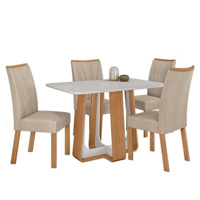 Conjunto Sala de Jantar Mesa 120x80cm Tampo Vidro/MDF 4 Cadeiras Linho Bege Amendoa Clean/off White