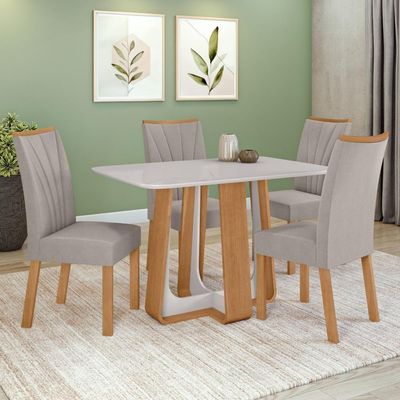 Conjunto Sala dDe Jantar Mesa 120x80cm Tampo Vidro/MDF 4 Cadeiras Veludo Capuccino Amendo/Off White