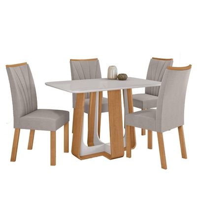 Conjunto Sala dDe Jantar Mesa 120x80cm Tampo Vidro/MDF 4 Cadeiras Veludo Capuccino Amendo/Off White