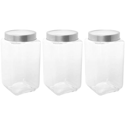 Kit 3 Potes de Vidro 1,7L Tampa Metal Lyor Gastro Prata Porta Mantimentos Retangular