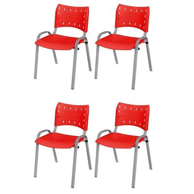 Cadeira Iso Base Cinza, Igreja, Escola, Escritório - Vermelho Kit 4 Peças