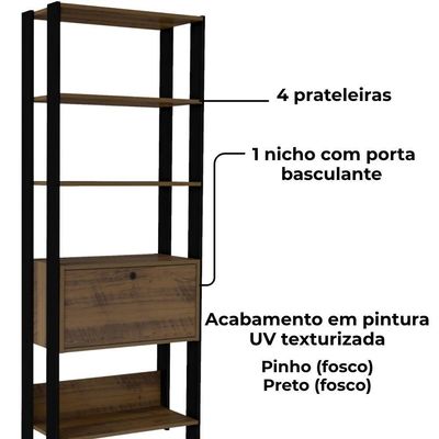 Estante Livreiro 1 Porta 166x63 Cm Pinho Preto Arly Pinho Preto