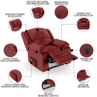 Poltrona Do Papai Reclinável Pietra Power Touch Usb Fh9 Pu Vermelho - Mpozenato