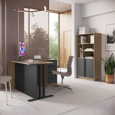 Conjunto para Escritório com 2 Peças Mesa L Armário Alto com Nichos CM4001 Mel Grafite