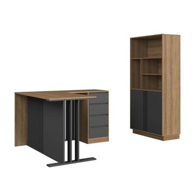 Conjunto para Escritório com 2 Peças Mesa L Armário Alto com Nichos CM4001 Mel Grafite