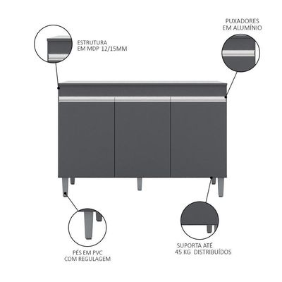 Balcão Gabinete Para Pia 120cm 3 Portas Com Tampo Manu Cinza - Ajl Móveis