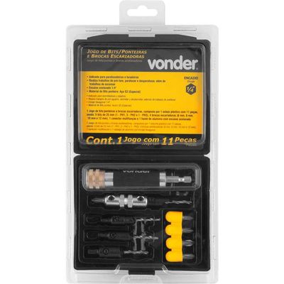 Jogo de bits ponteiras e brocas escareadoras 11 peças encaixe de 1/4" VONDER