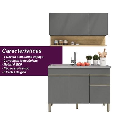 Kit Balcão De Pia Sem Tampo E Aereo 120 Cm 6 Portas 1 Gaveta Line - Gris/gris/cp-freijó