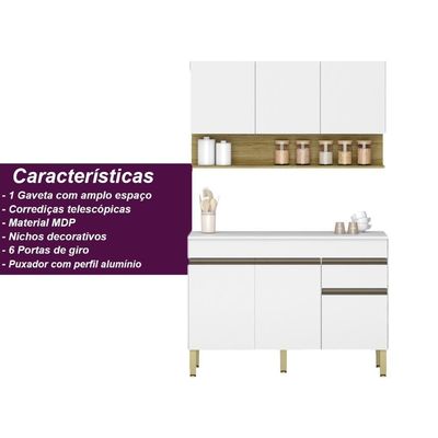 Kit Balcão De Pia Com Tampo E Aereo 120 Cm 6 Portas 1 Gaveta Line - Supremo/supremo/cp-freijó