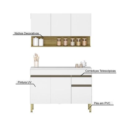 Kit Balcão De Pia Com Tampo E Aereo 120 Cm 6 Portas 1 Gaveta Line - Supremo/supremo/cp-freijó