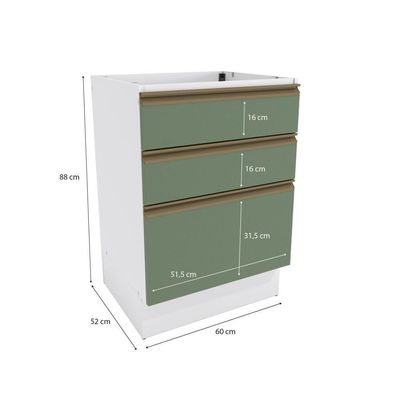 Balcão 3 Gavetas Kappesberg Celeste 100% Mdf Branco-verde Oliva 60cm