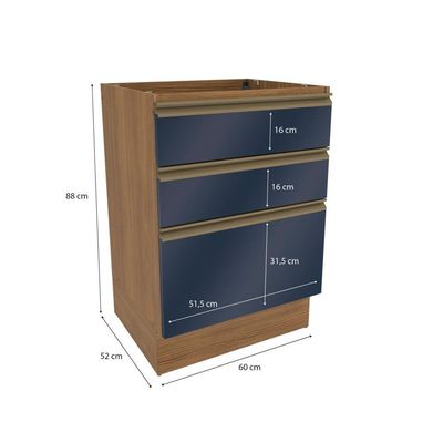Balcão 3 Gavetas Kappesberg Celeste 100% Mdf Nogueira-azul Profundo 60cm
