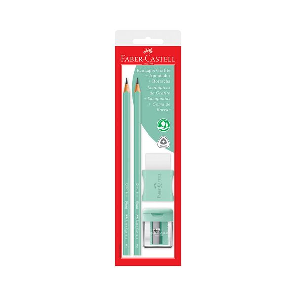 Kit Escrita Faber-Castell Pastel Verde com 2 Lápis HB Nº2, 1 Apontador e 1 Borracha