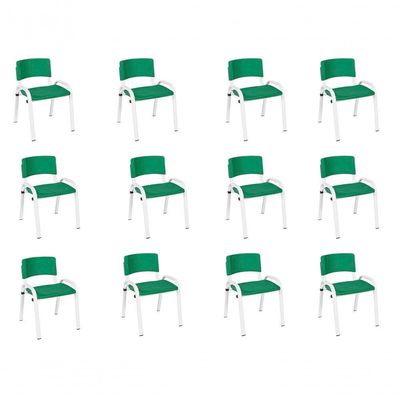 Kit 12 Cadeira Iso Infantil Creche, Escola Base Branco Verde Escuro