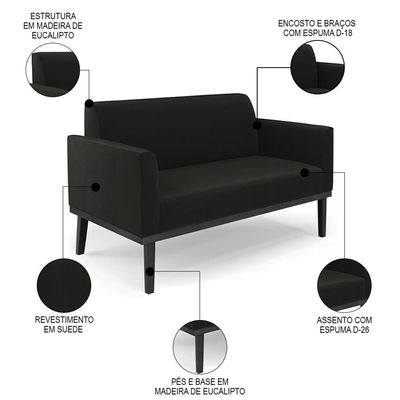 Sofá Namoradeira E 1 Poltrona Base Madeira Preto Maressa Suede Preto - Ibiza
