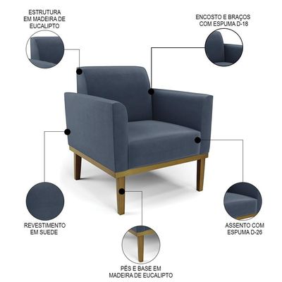 Sofá Namoradeira E 1 Poltrona Base Madeira Castanho Maressa Suede Azul Marinho - Ibiza