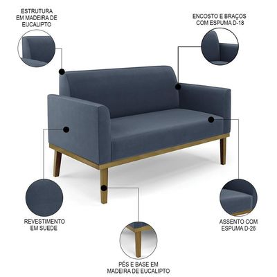 Sofá Namoradeira E 1 Poltrona Base Madeira Castanho Maressa Suede Azul Marinho - Ibiza