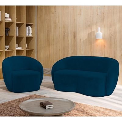 Sofá 2 Lugares Living 160cm E 1 Poltrona Giratória Garbin K04 Veludo Azul Marinho - Mpozenato