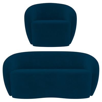 Sofá 2 Lugares Living 160cm E 1 Poltrona Giratória Garbin K04 Veludo Azul Marinho - Mpozenato