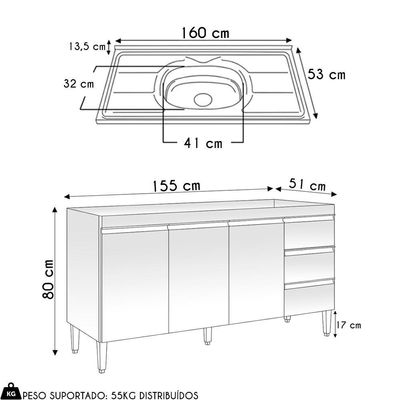 Balcão De Cozinha Com Pia Inox 160cm 3 Gavetas Andréia Cinza - Ajl Móveis