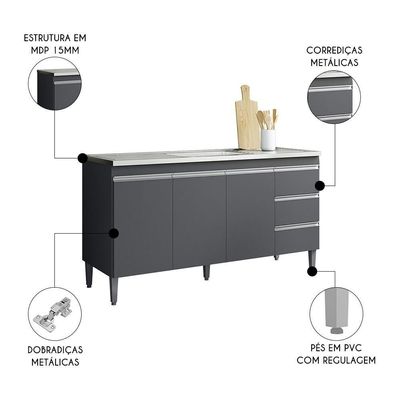 Balcão De Cozinha Com Pia Inox 160cm 3 Gavetas Andréia Cinza - Ajl Móveis