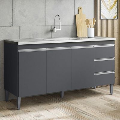 Balcão De Cozinha Com Pia Inox 160cm 3 Gavetas Andréia Cinza - Ajl Móveis