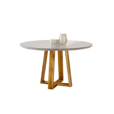 Mesa de Jantar Redonda Tampo de Vidro 100cm Mel/Off White