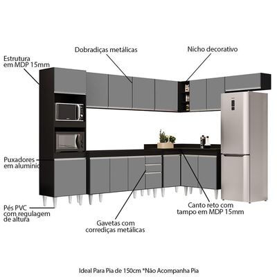 Armário De Cozinha Modulada De Canto 8 Peças Cp07 Balcão Preto-cinza - Lumil