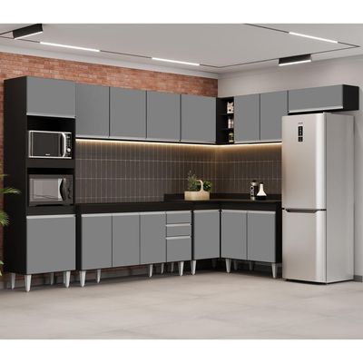 Armário De Cozinha Modulada De Canto 8 Peças Cp07 Balcão Preto-cinza - Lumil