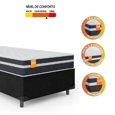 Cama Box Solteiro Colchão Molas Qatar 88x188x60cm Branco / Preto - Suporta Até 150kg Preto / Branco
