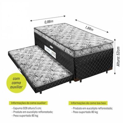 Cama Box Solteiro Carol Com Cama Auxiliar E Baú Light Spuma