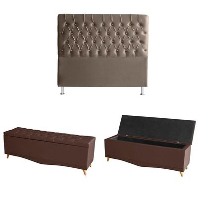 Kit Estrela Cabeceira De Cama Box E Calçadeira Baú Pés Palito Botão Cristal Queen 160 Cm Suede Rosê Do Lar Móveis