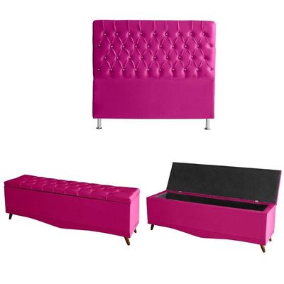 Kit Estrela Cabeceira De Cama Box E Calçadeira Baú Pés Palito Botão Cristal King 195 Cm Suede Rosa Pink Do Lar Móveis