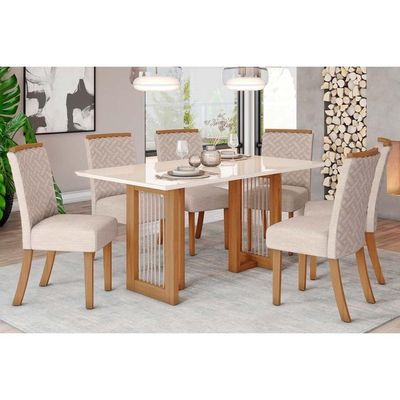 Conjunto Mesa De Cozinha Yara Com Tampo Madeirado Com Vidro Reto 160x90cm E 6 Cadeiras Malu Nature