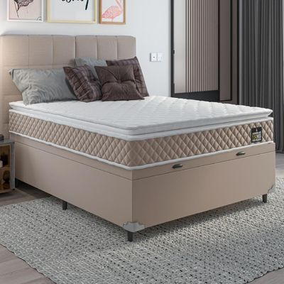 Cama Box Baú Casal Colchão D45 Com Pillow Top Hellen Strong Bege 138x188x65cm Suporta Até 150kg Bege