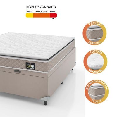 Cama Box Baú Casal Colchão D45 Com Pillow Top Hellen Strong Bege 138x188x65cm Suporta Até 150kg Bege