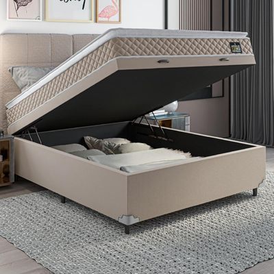 Cama Box Baú Casal Colchão D45 Com Pillow Top Hellen Strong Bege 138x188x65cm Suporta Até 150kg Bege