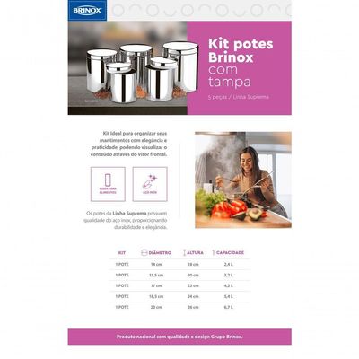 Conjunto De Potes Porta Mantimentos Brinox 5 Peças Inox