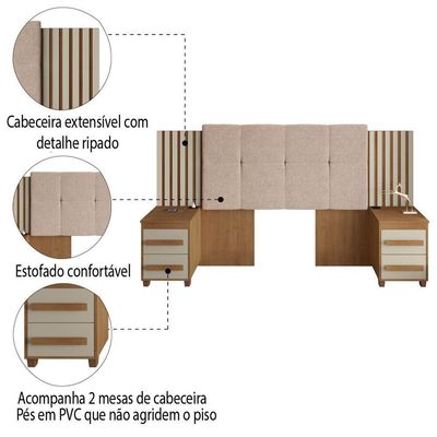 Cabeceira Casal Extensível Com 2 Mesas De Apoio Ripado E Estofado Cinamomo/Off White Suíça