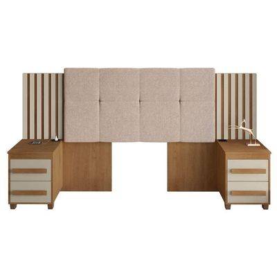 Cabeceira Casal Extensível Com 2 Mesas De Apoio Ripado E Estofado Cinamomo/Off White Suíça