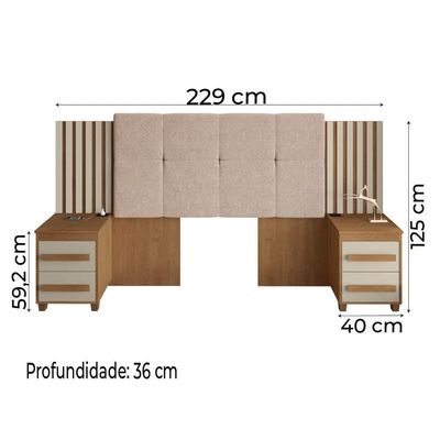 Cabeceira Casal Extensível Com 2 Mesas De Apoio Ripado E Estofado Cinamomo/Off White Suíça